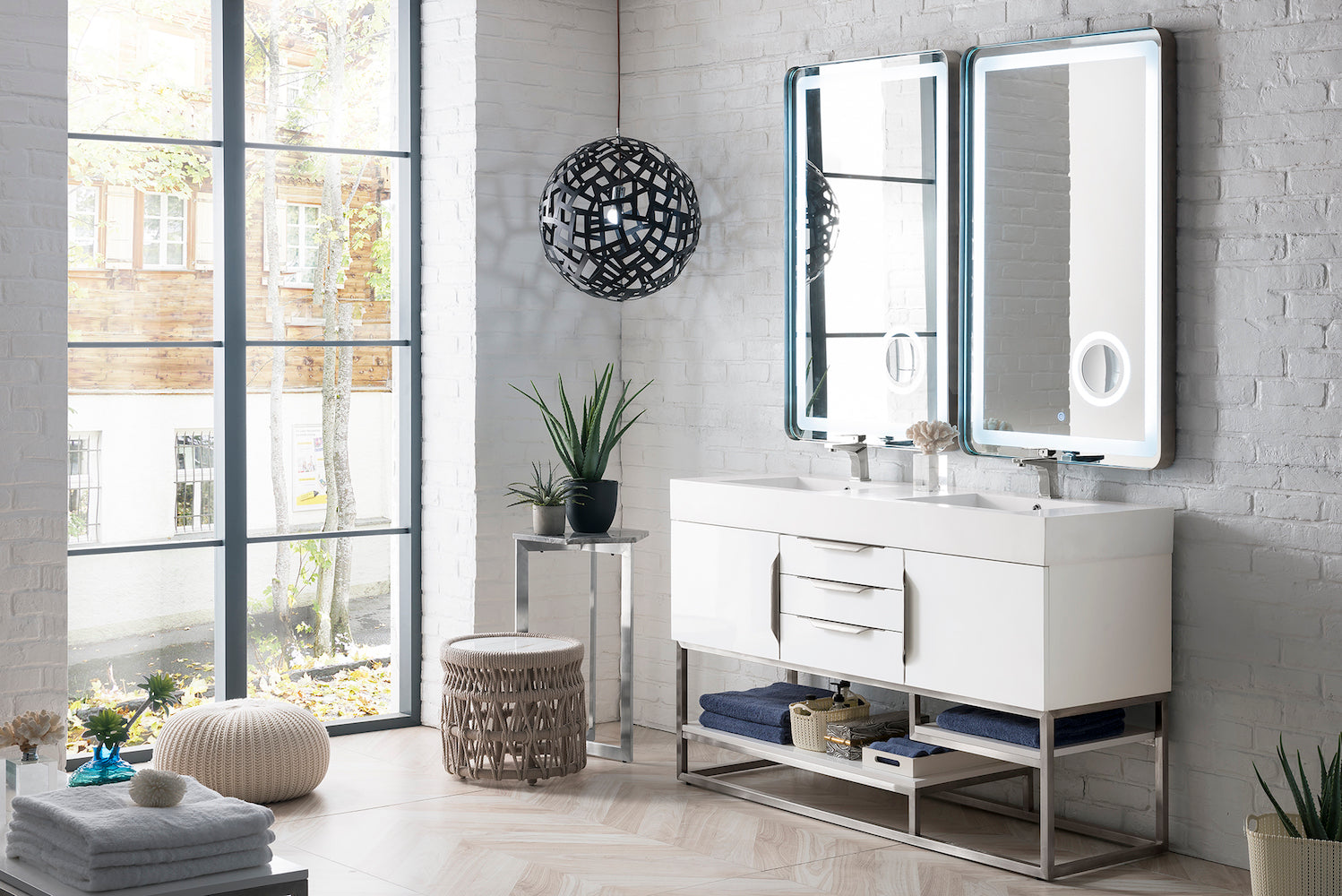 59" Columbia Double Sink Bathroom Vanity, Glossy White