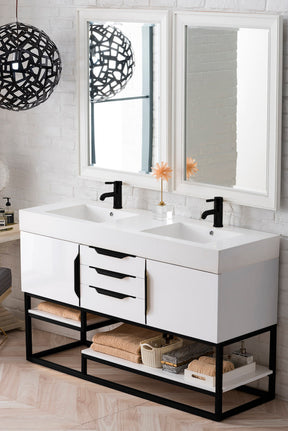 59" Columbia Double Sink Bathroom Vanity, Glossy White w/ Matte Black