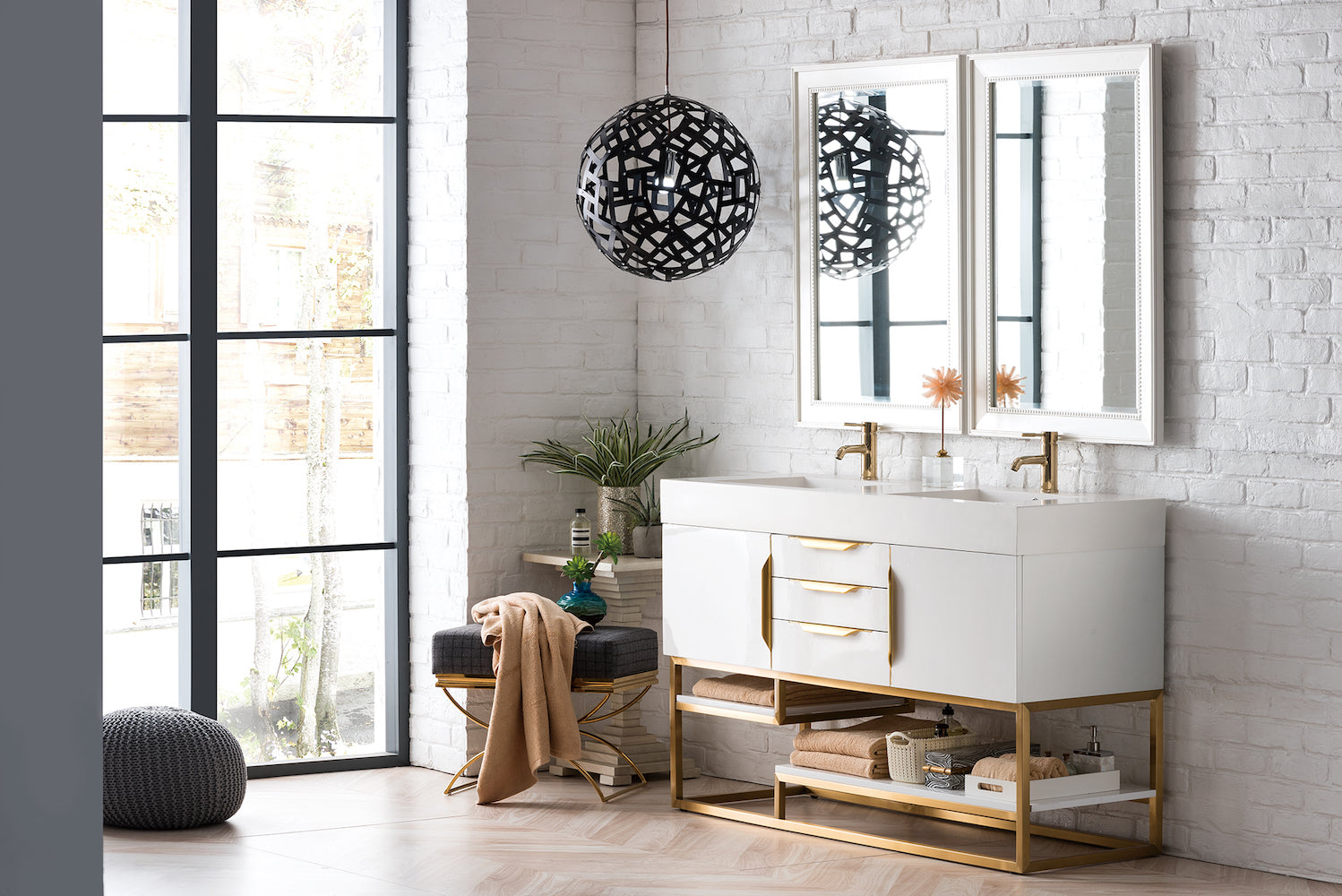 59" Columbia Double Sink Bathroom Vanity, Glossy White w/ Radiant Gold