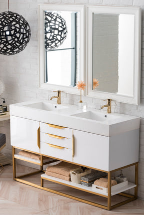 59" Columbia Double Sink Bathroom Vanity, Glossy White w/ Radiant Gold