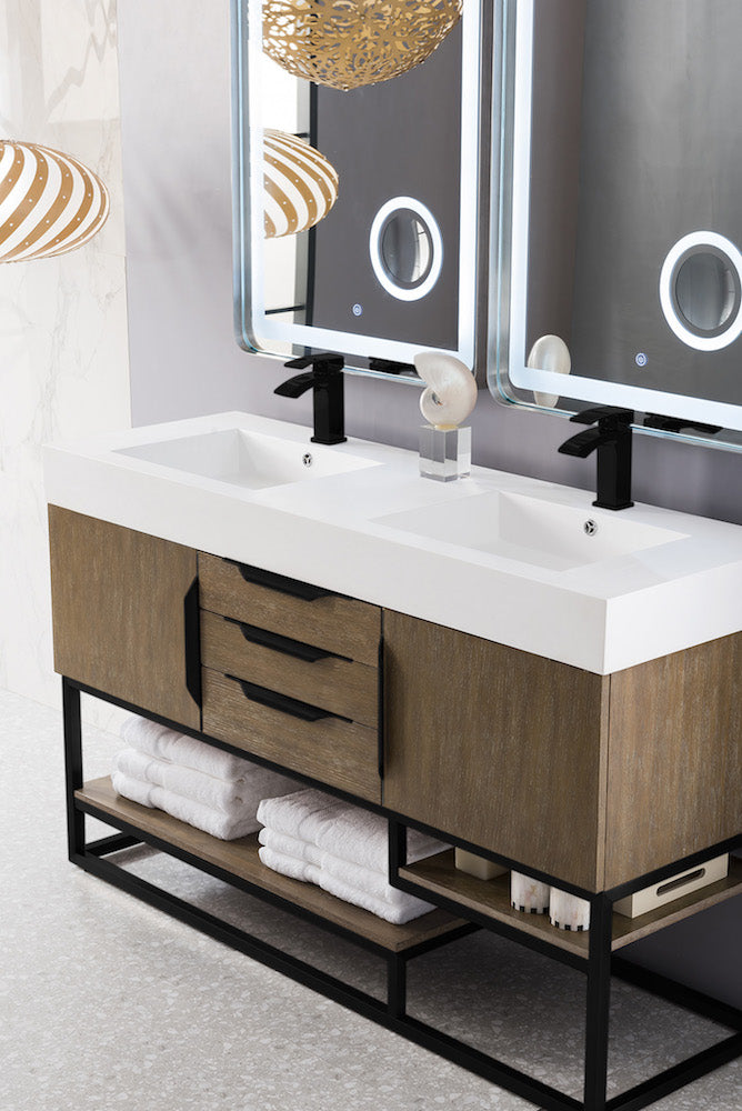 59" Columbia Double Sink Bathroom Vanity, Latte Oak w/ Matte Black