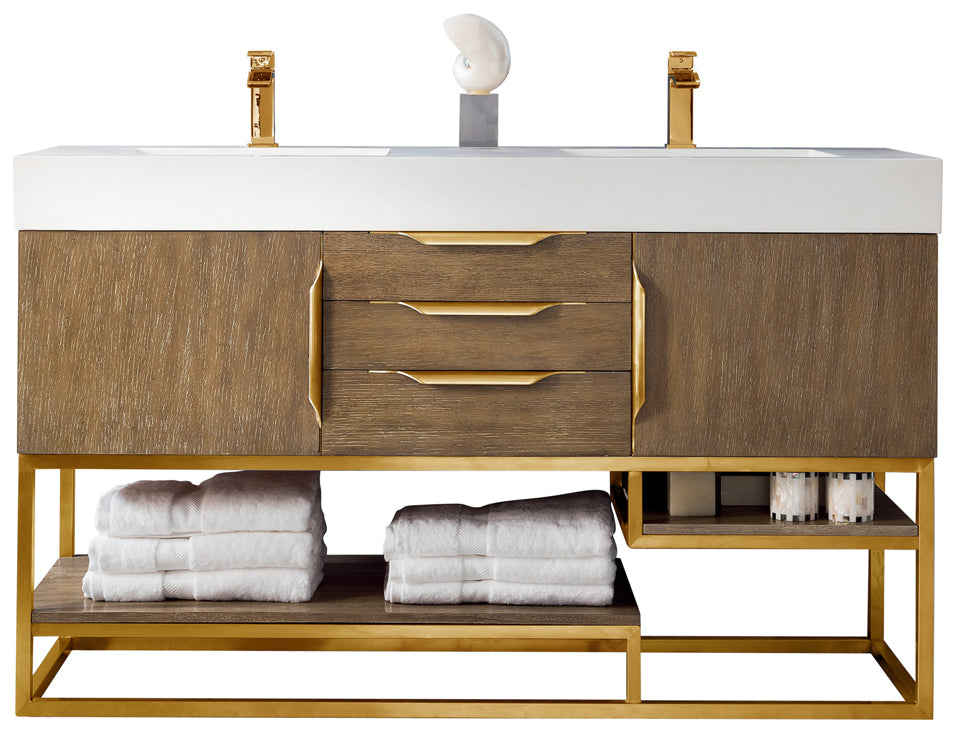 59" Columbia Double Sink Bathroom Vanity, Latte Oak w/ Radiant Gold