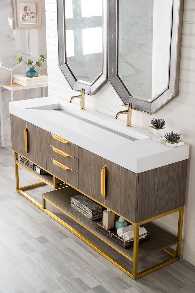 72" Columbia Double Sink Bathroom Vanity, Ash Gray w/ Radiant Gold