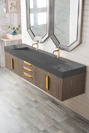 72" Mercer Island Double Sink Bathroom Vanity, Ash Gray w/ Radiant Gold