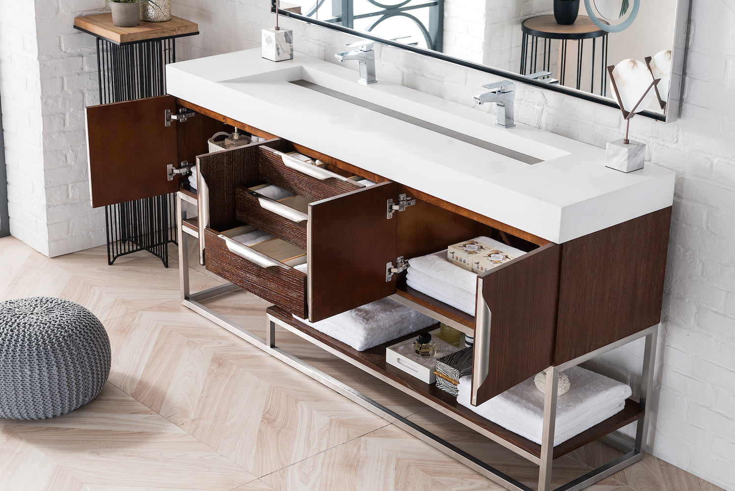 72" Columbia Double Sink Bathroom Vanity, Coffee Oak & Brushed Nickel