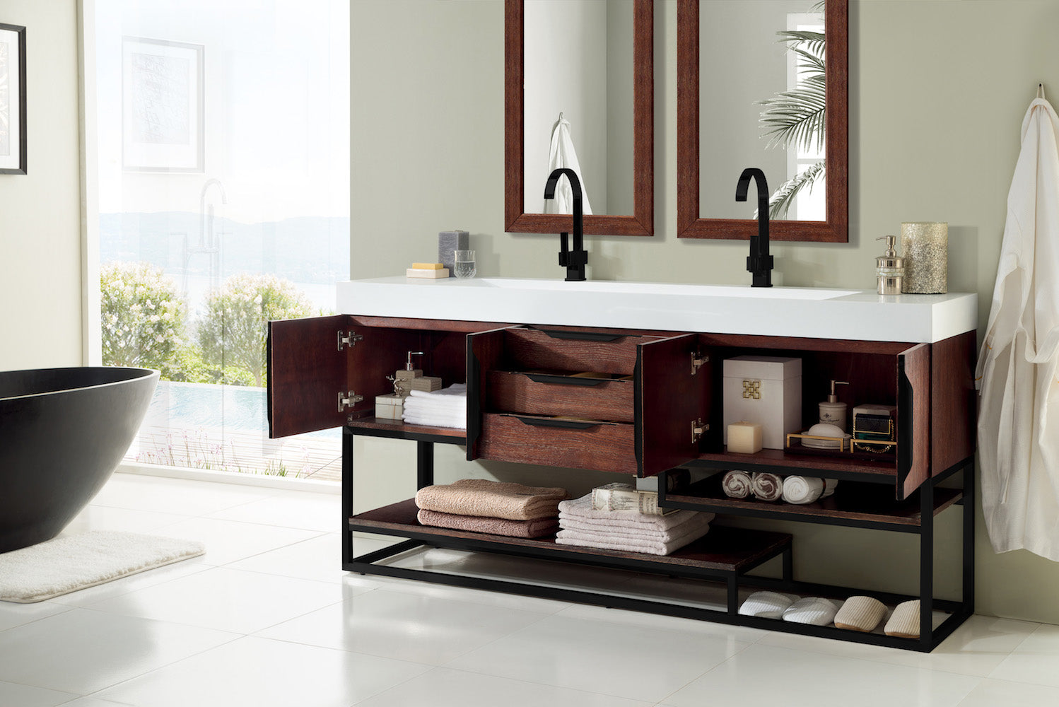 72" Columbia Double Sink Bathroom Vanity, Coffee Oak w/ Matte Black