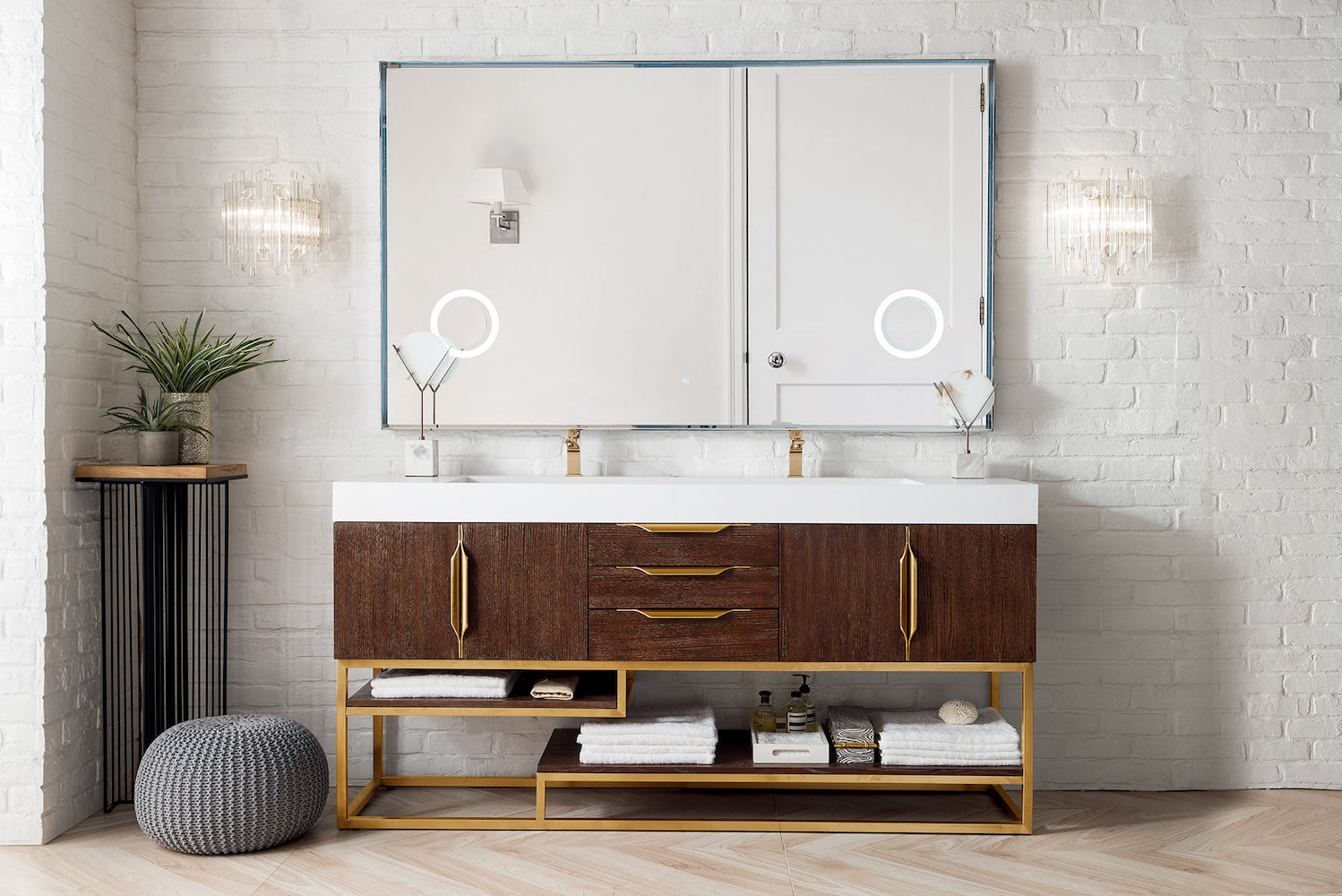 72" Columbia Double Sink Bathroom Vanity, Coffee Oak w/ Radiant Gold