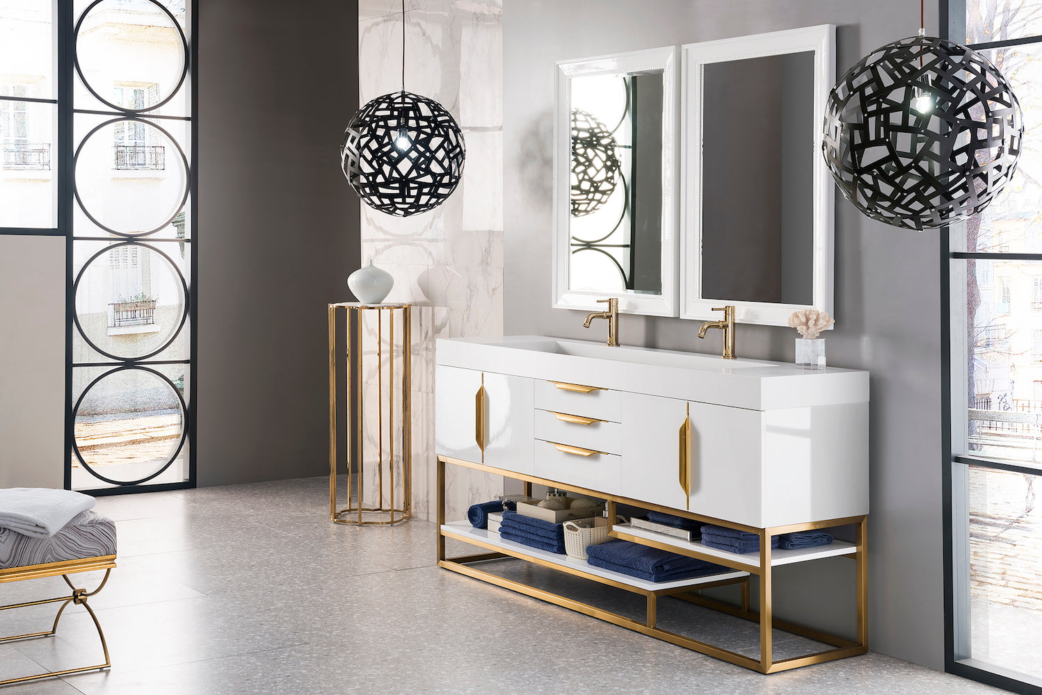 72" Columbia Double Sink Bathroom Vanity, Glossy White w/ Radiant Gold