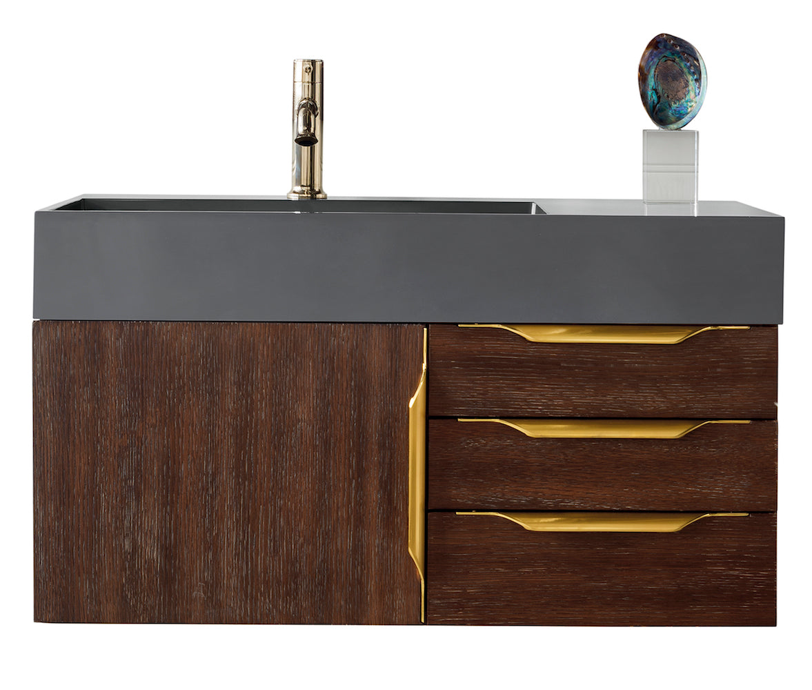 36" Mercer Island Single Sink Bathroom Vanity, Coffee Oak w/ Radiant Gold