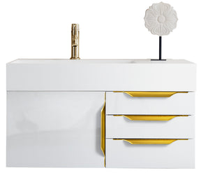 36" Columbia Single Wall Mount Vanity Cabinet, Glossy White, Radiant Gold