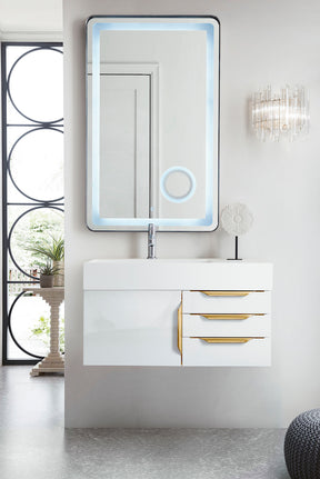 36" Columbia Single Wall Mount Vanity Cabinet, Glossy White, Radiant Gold