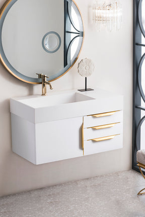 36" Columbia Single Wall Mount Vanity Cabinet, Glossy White, Radiant Gold