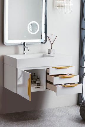 36" Columbia Single Wall Mount Vanity Cabinet, Glossy White, Radiant Gold