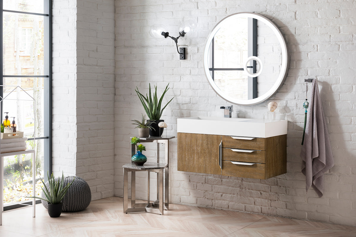 36" Columbia Single Wall Mount Vanity Cabinet, Latte Oak, Brushed Nickel