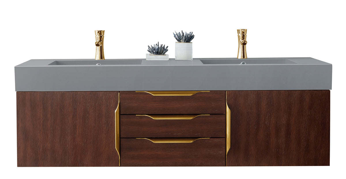 59" Mercer Island Double Sink Bathroom Vanity, Coffee Oak w/ Radiant Gold