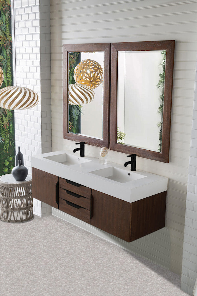 59" Mercer Island Double Sink Bathroom Vanity, Coffee Oak w/ Matte Black