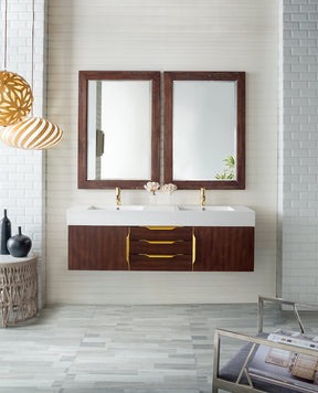 59" Mercer Island Double Sink Bathroom Vanity, Coffee Oak w/ Radiant Gold