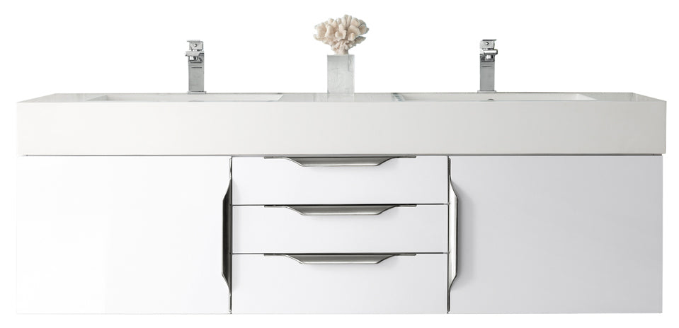 59" Mercer Island Double Sink Bathroom Vanity, Glossy White w/ Brushed Nickel