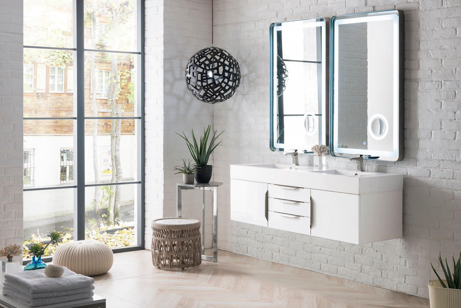 59" Mercer Island Double Sink Bathroom Vanity, Glossy White w/ Brushed Nickel