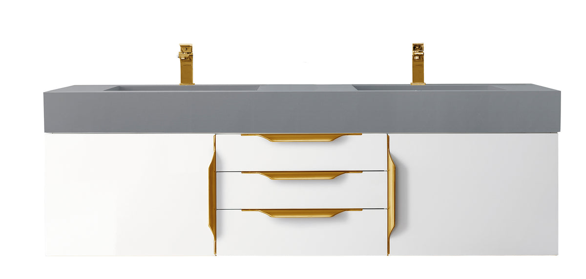 59" Mercer Island Double Sink Bathroom Vanity, Glossy White w/ Radiant Gold