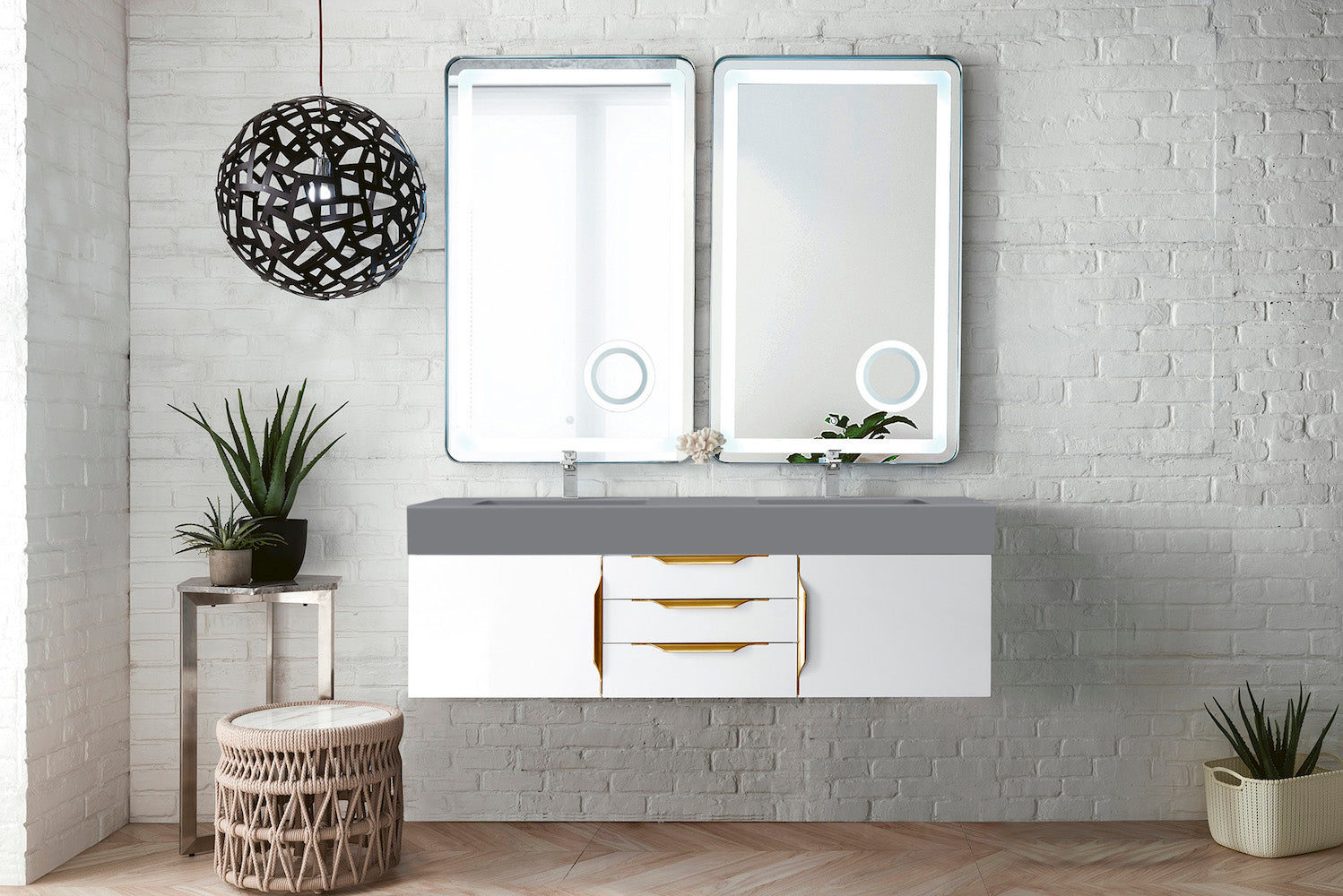 59" Mercer Island Double Sink Bathroom Vanity, Glossy White w/ Radiant Gold