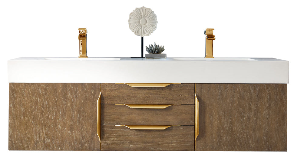 59" Mercer Island Double Sink Bathroom Vanity, Latte Oak w/ Radiant Gold