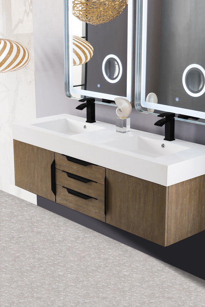 59" Mercer Island Double Sink Bathroom Vanity, Latte Oak w/ Matte Black
