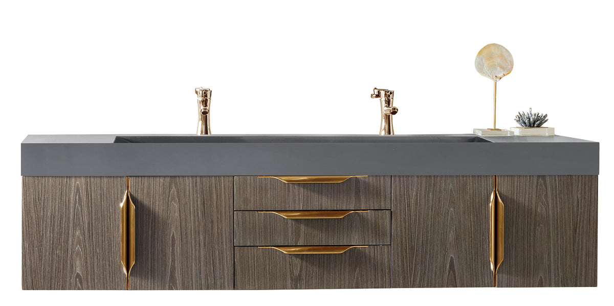 72" Mercer Island Double Sink Bathroom Vanity, Ash Gray w/ Radiant Gold