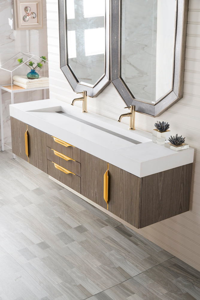 72" Mercer Island Double Sink Bathroom Vanity, Ash Gray w/ Radiant Gold