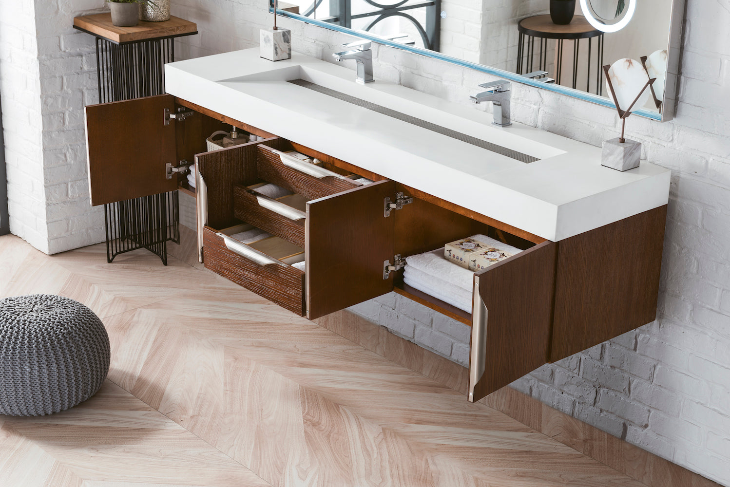 72" Mercer Island Double Sink Bathroom Vanity, Coffee Oak w/ Brushed Nickel