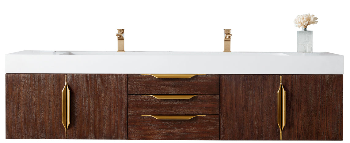 72" Mercer Island Double Sink Bathroom Vanity, Coffee Oak w/ Radiant Gold