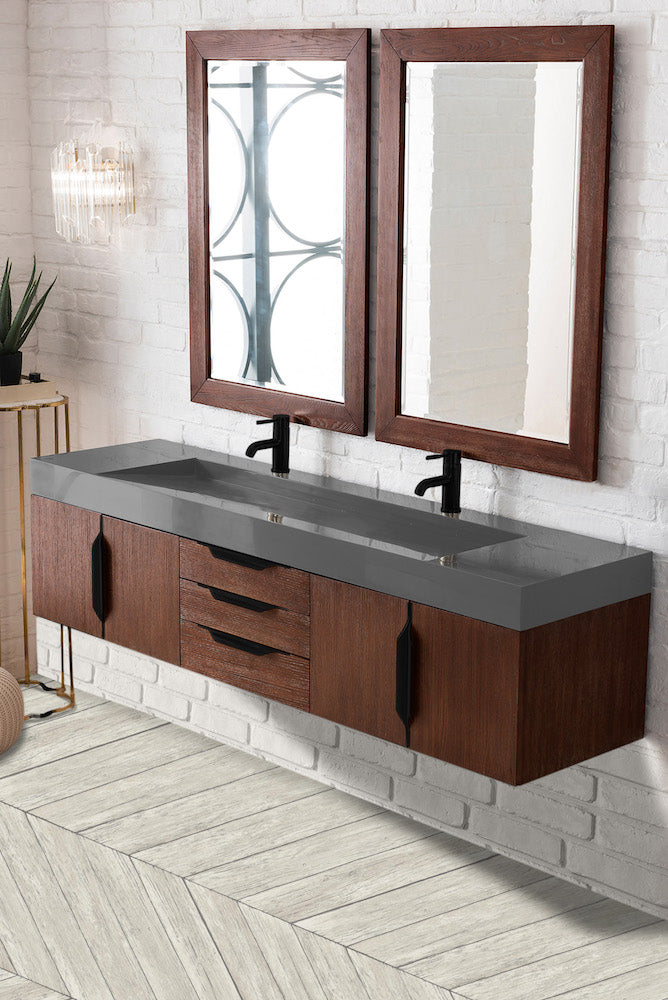 72" Mercer Island Double Sink Bathroom Vanity, Coffee Oak w/ Matte Black