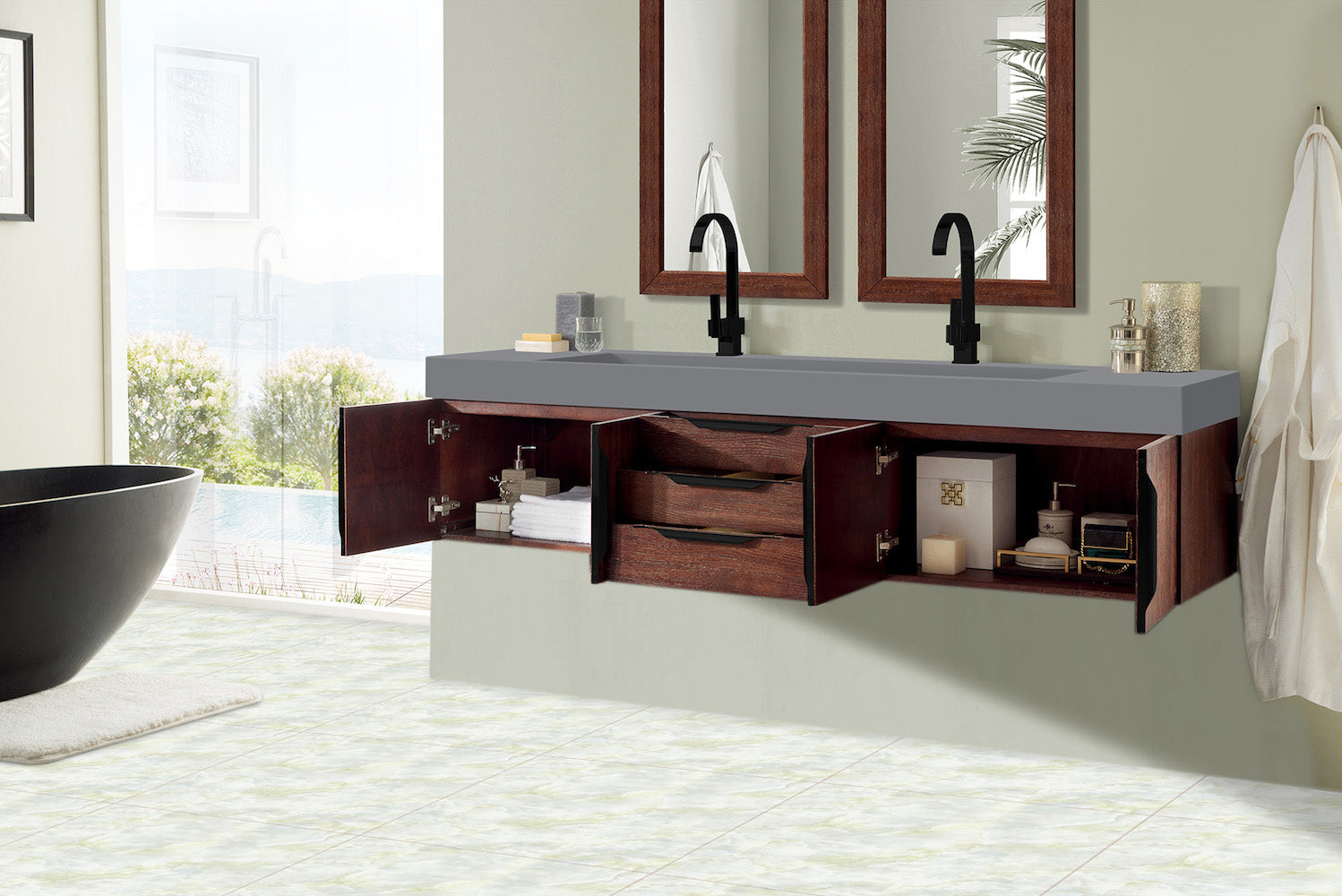 72" Mercer Island Double Sink Bathroom Vanity, Coffee Oak w/ Matte Black