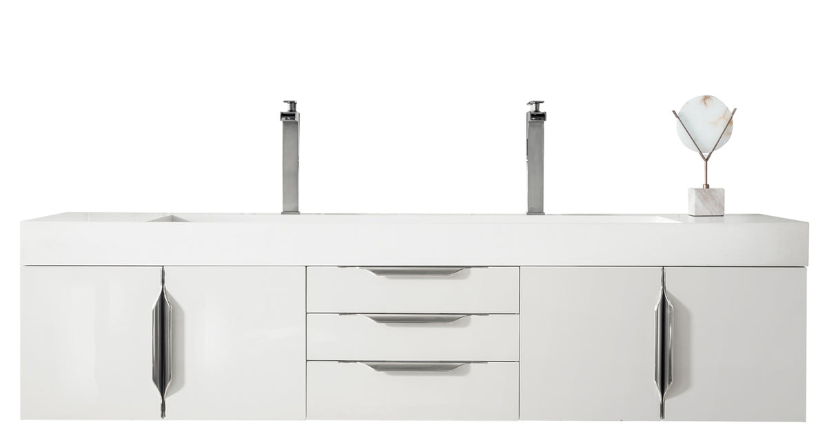 72" Mercer Island Double Sink Bathroom Vanity, Glossy White w/ Brushed Nickel