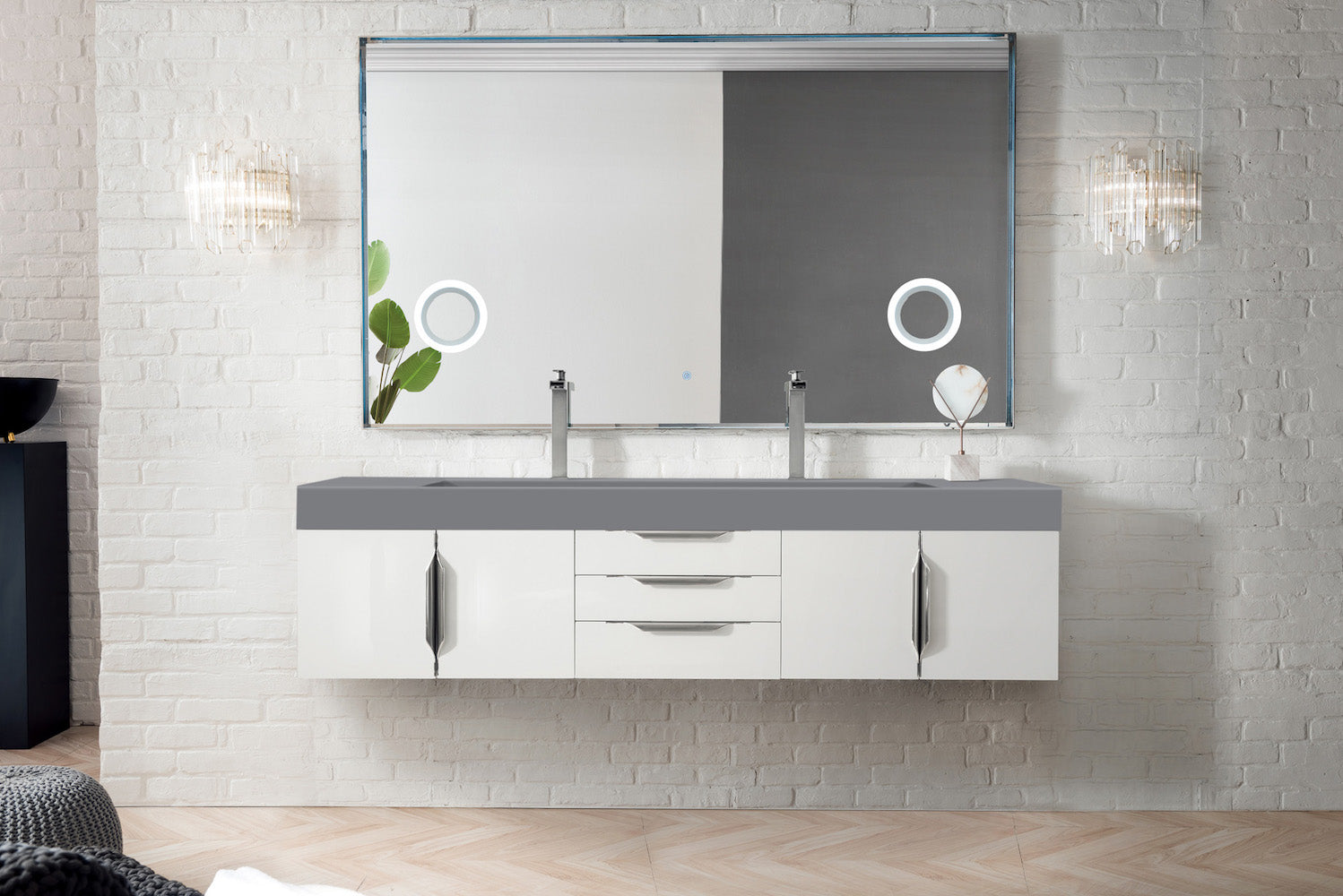72" Mercer Island Double Sink Bathroom Vanity, Glossy White w/ Brushed Nickel