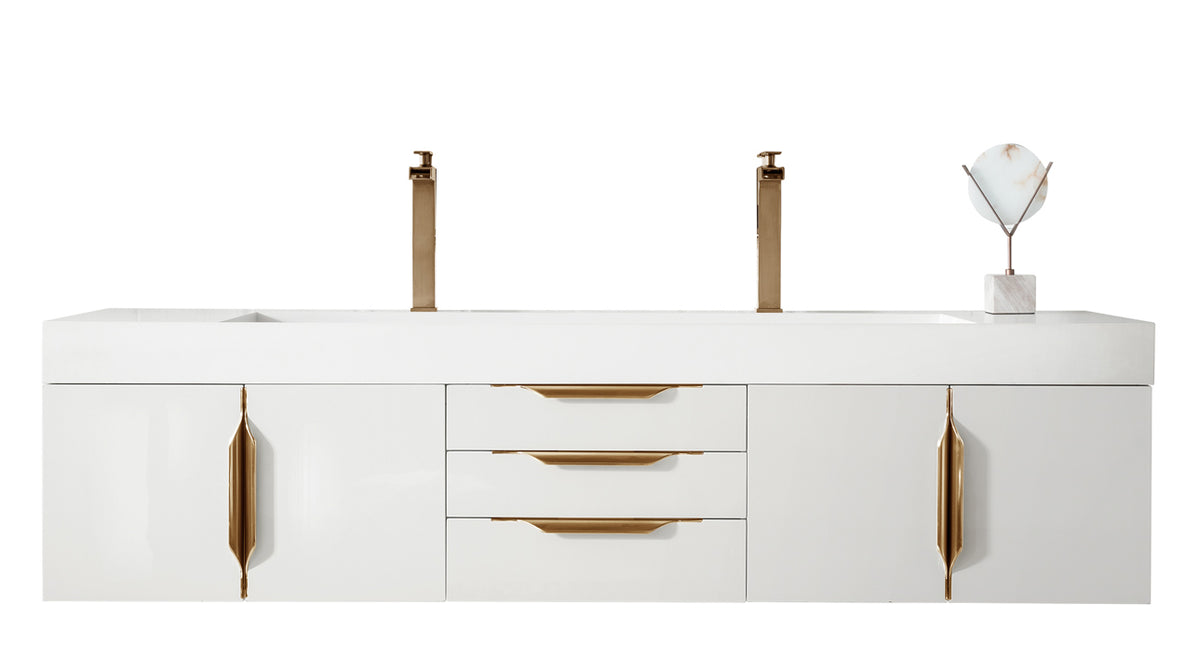 72" Mercer Island Double Sink Bathroom Vanity, Glossy White w/ Radiant Gold