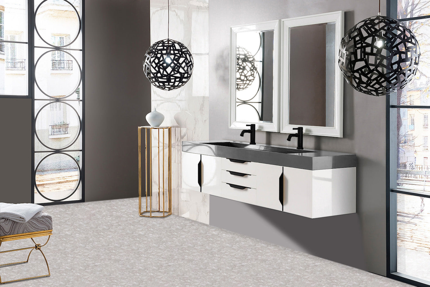 72" Mercer Island Double Sink Bathroom Vanity, Glossy White w/ Matte Black
