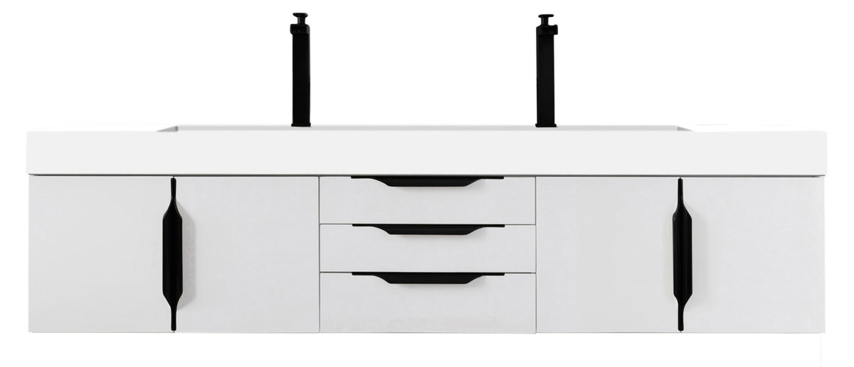 72" Mercer Island Double Sink Bathroom Vanity, Glossy White w/ Matte Black