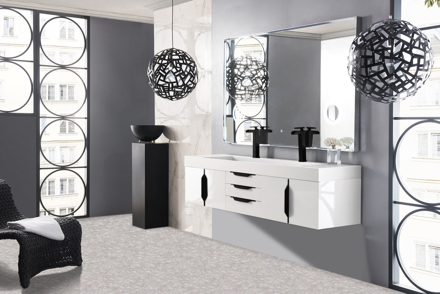 72" Mercer Island Double Sink Bathroom Vanity, Glossy White w/ Matte Black