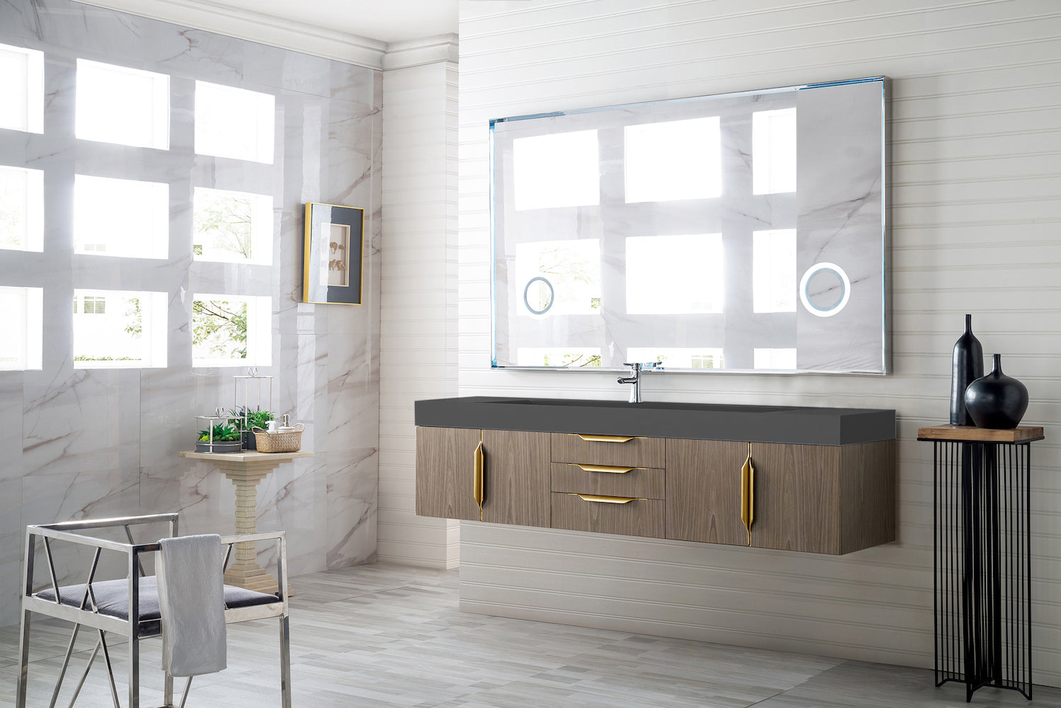 72" Mercer Island Single Sink Bathroom Vanity, Ash Gray w/ Radiant Gold