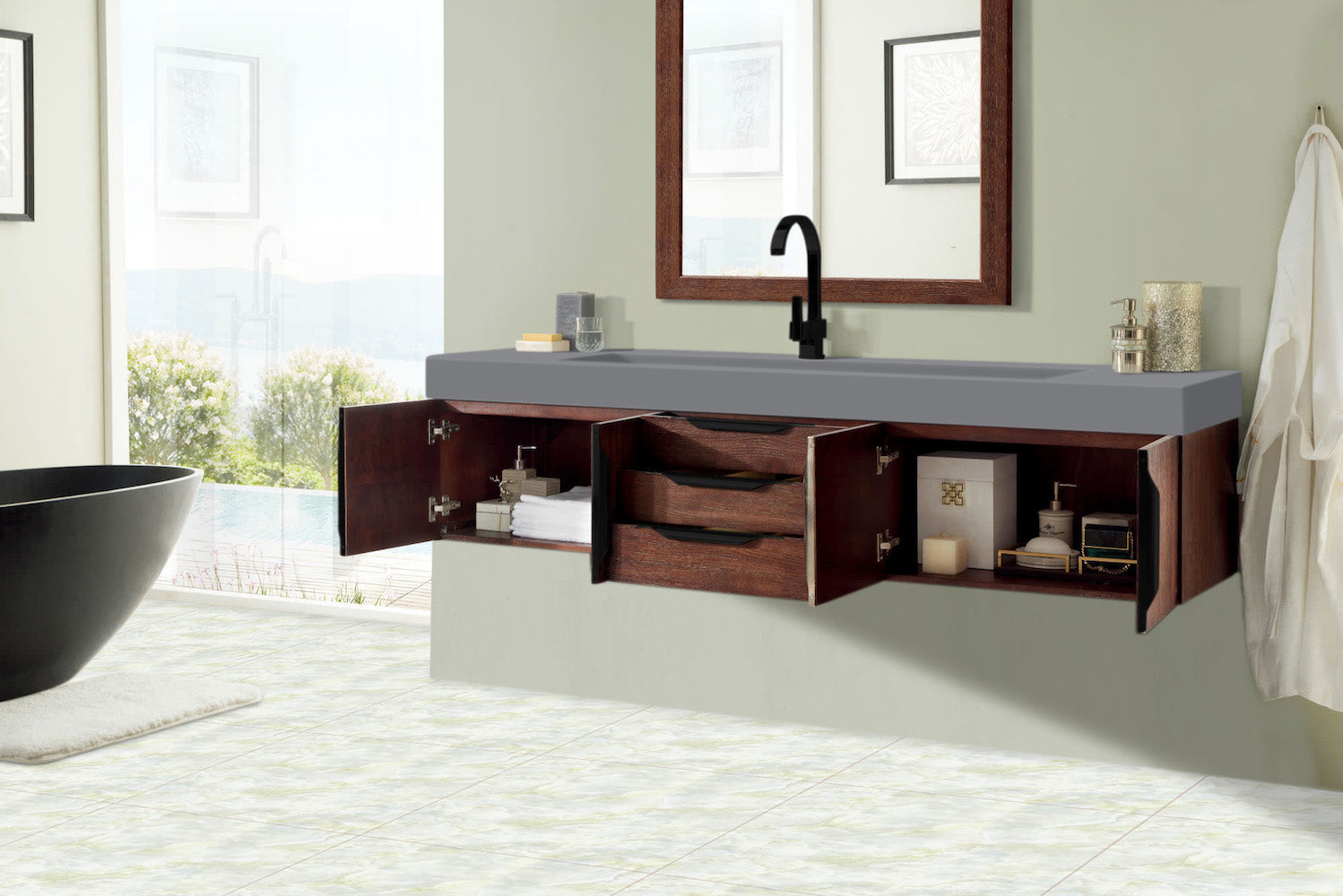 72" Mercer Island Single Sink Bathroom Vanity, Coffee Oak w/ Matte Black