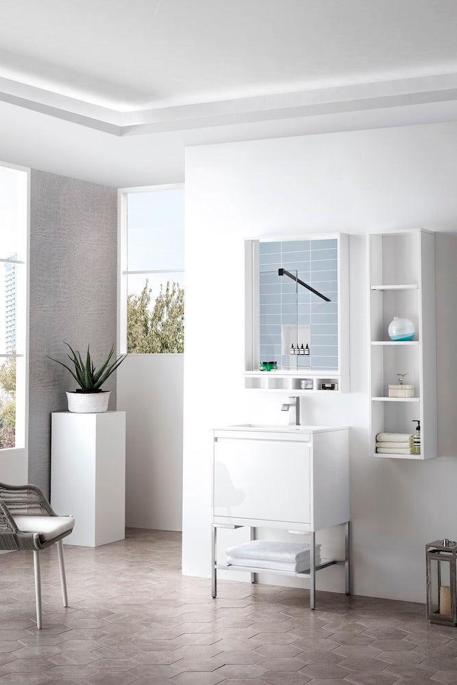 23.6" Milan Single Sink Bathroom Vanity, Glossy White, Brushed Nickel Base w/ White Top