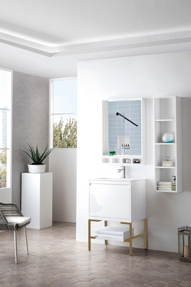 23.6" Milan Single Sink Bathroom Vanity, Glossy White, Radiant Gold Base w/ White Top