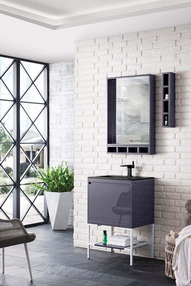 23.6" Milan Single Sink Bathroom Vanity, Modern Grey, Glossy White Base w/ Black Top