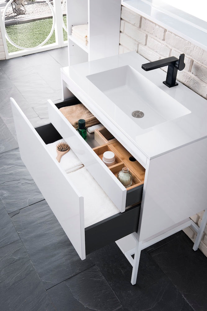 31.5" Milan Single Sink Bathroom Vanity, Glossy White, Glossy White Base w/ White Top