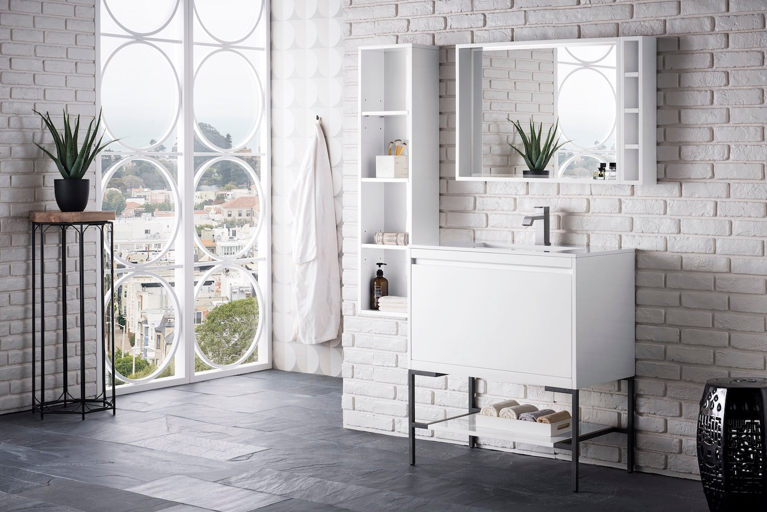 31.5" Milan Single Sink Bathroom Vanity, Glossy White, Matte Black Base w/ White Top