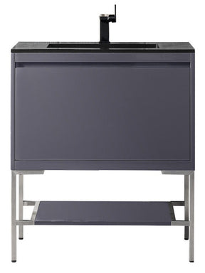 31.5" Milan Single Sink Bathroom Vanity, Modern Grey, Brushed Nickel Base w/ Black Top