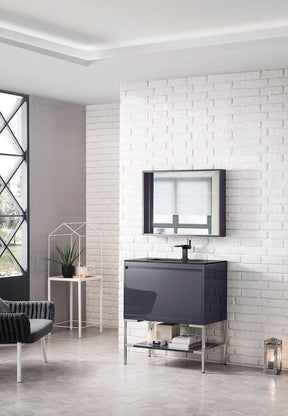 31.5" Milan Single Sink Bathroom Vanity, Modern Grey, Brushed Nickel Base w/ Black Top