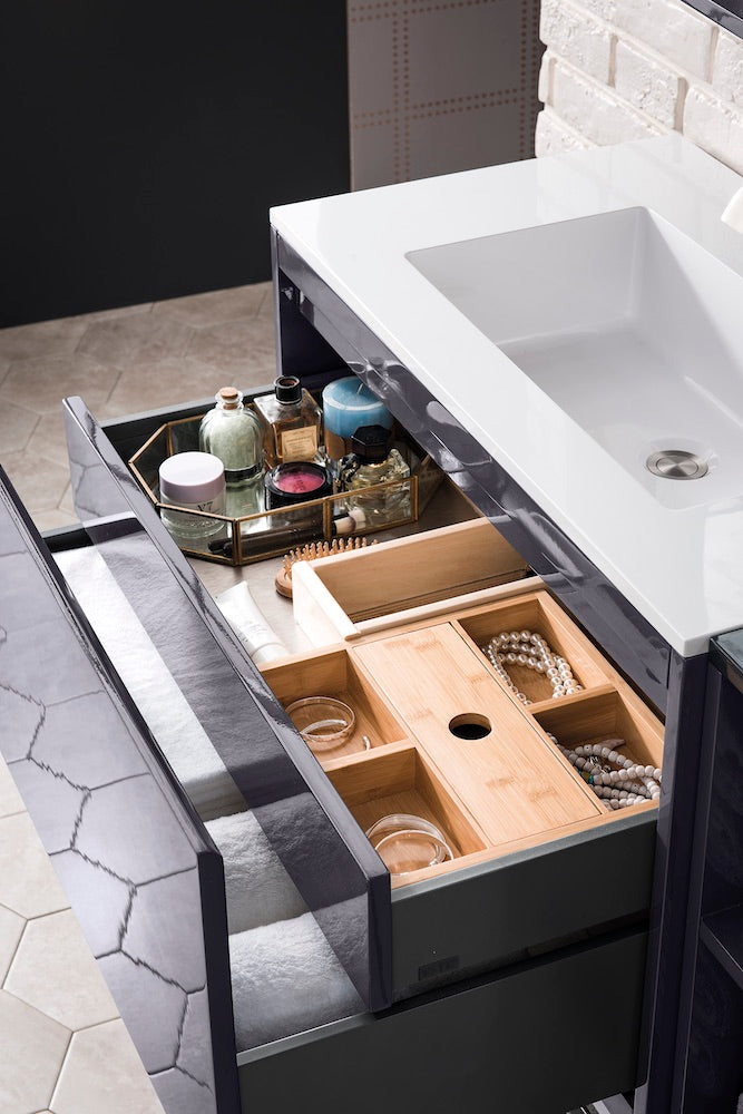 31.5" Milan Single Sink Bathroom Vanity, Modern Grey, Brushed Nickel Base w/ White Top