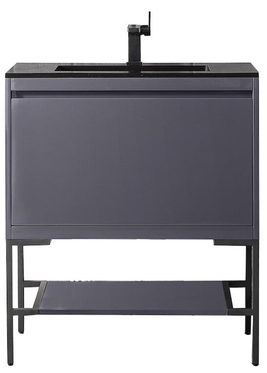 31.5" Milan Single Sink Bathroom Vanity, Modern Grey, Matte Black Base w/ Black Top